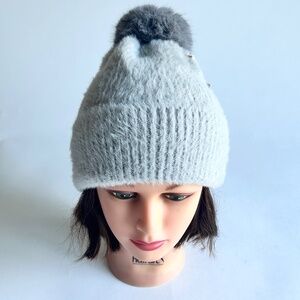 New Adore Alma Grey Rabbit Hear Knit Winter Beanie with Pom Pom One Size